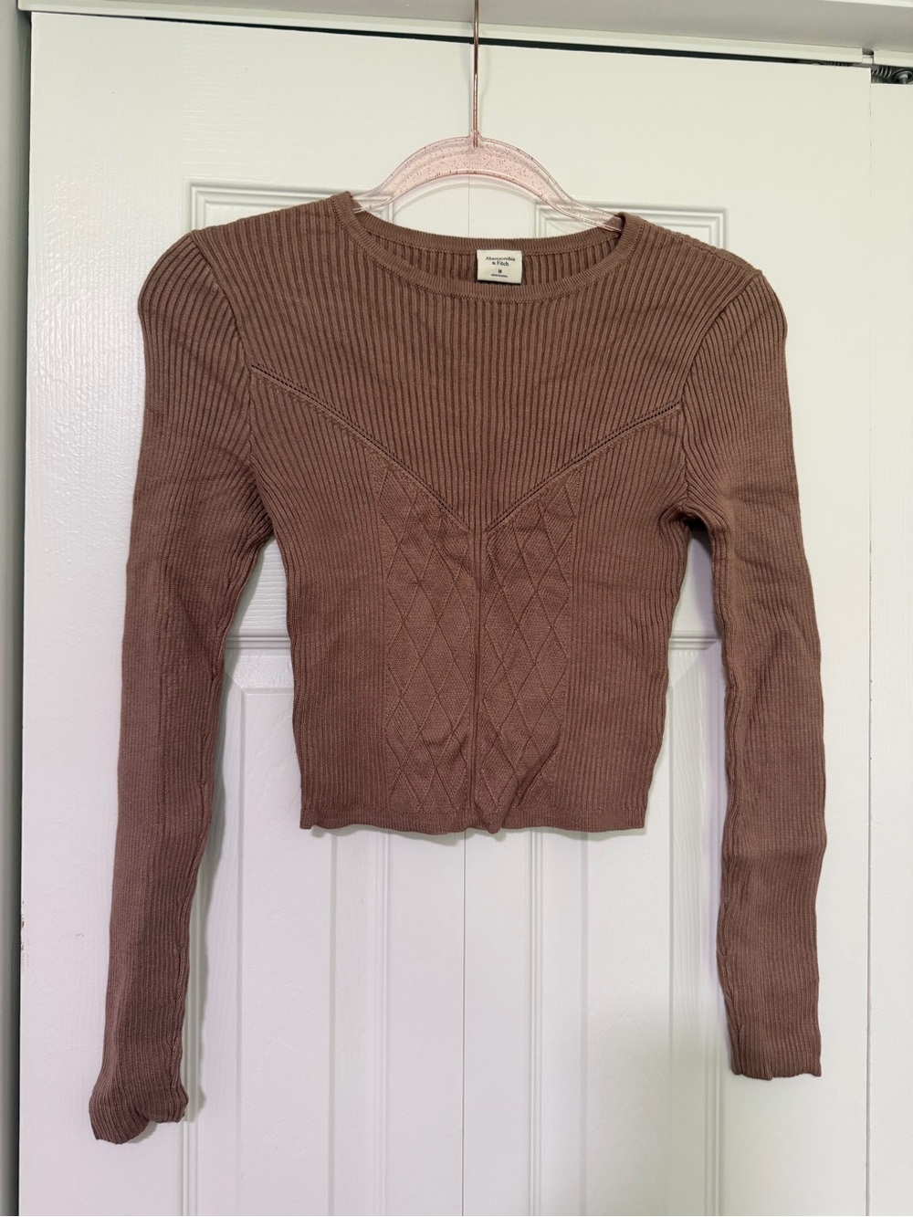 Abercrombie & Fitch Ribbed Knit Long Sleeve Top in Mauve Brown